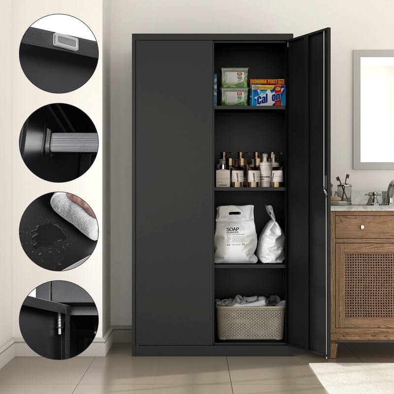 Anmytek Black Lockable Storage Cabinet with Hanging Rod and Adjustable Shelves Secure Wardrobe for Bedroom and Living Room