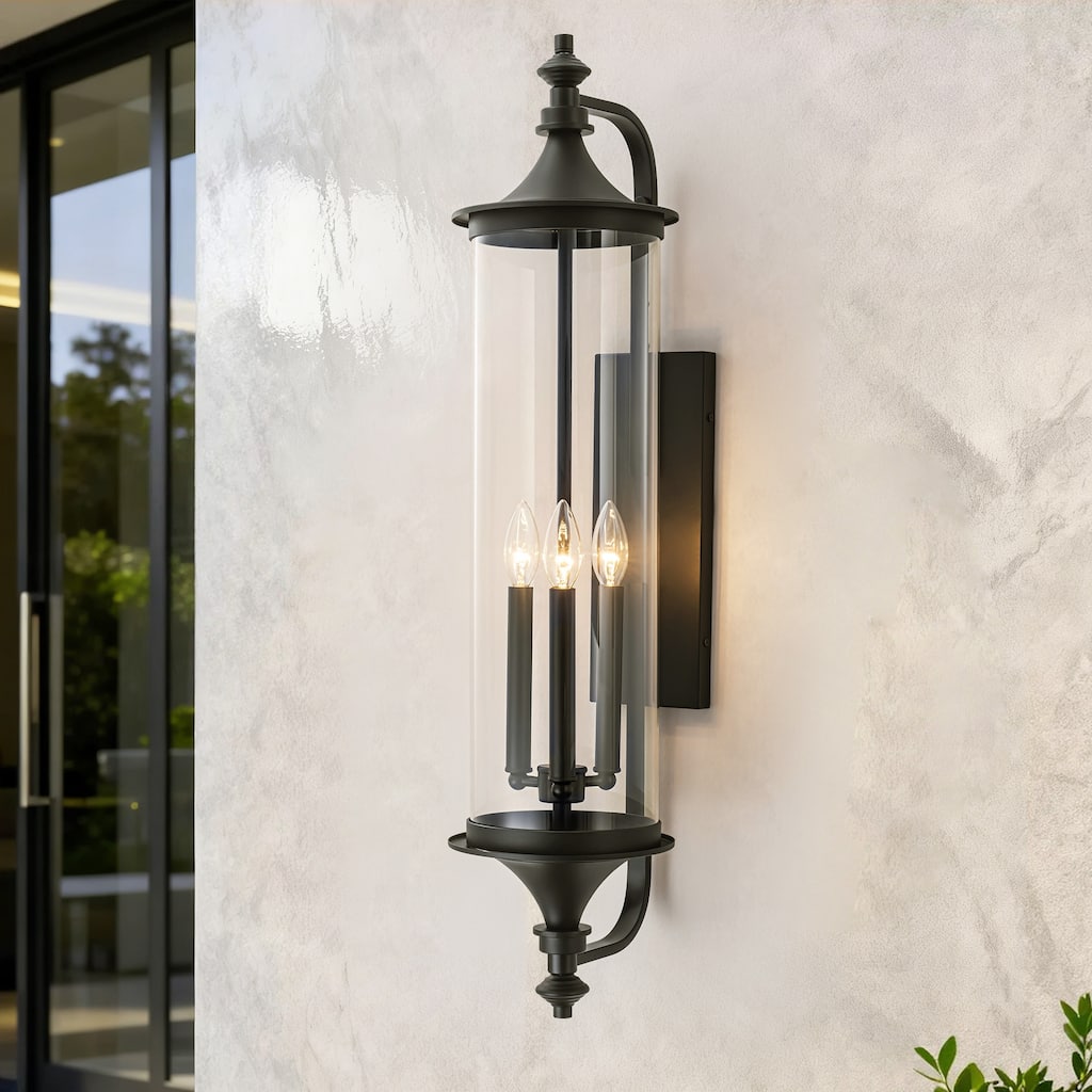 32.7" H 3-Light Industial Black Outdoor Hardwired Wall Lantern Sconce with Cylindrical Clear Glass for Home Outside
