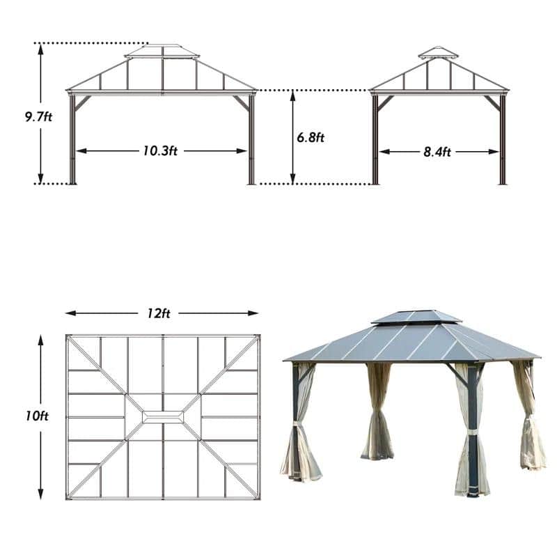 EROMMY Hardtop Gazebo, Waterproof Aluminum Pavilion with Netting & Curtains for Patio, Garden