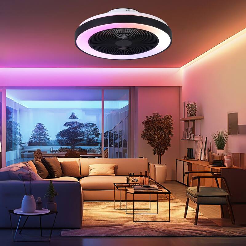 Cusp Barn 19" Modern Low Profile Flush Mount Ceiling Fans with Lights, Smart RGB Ceiling Fan with Alexa/Tuya APP/Voice Control
