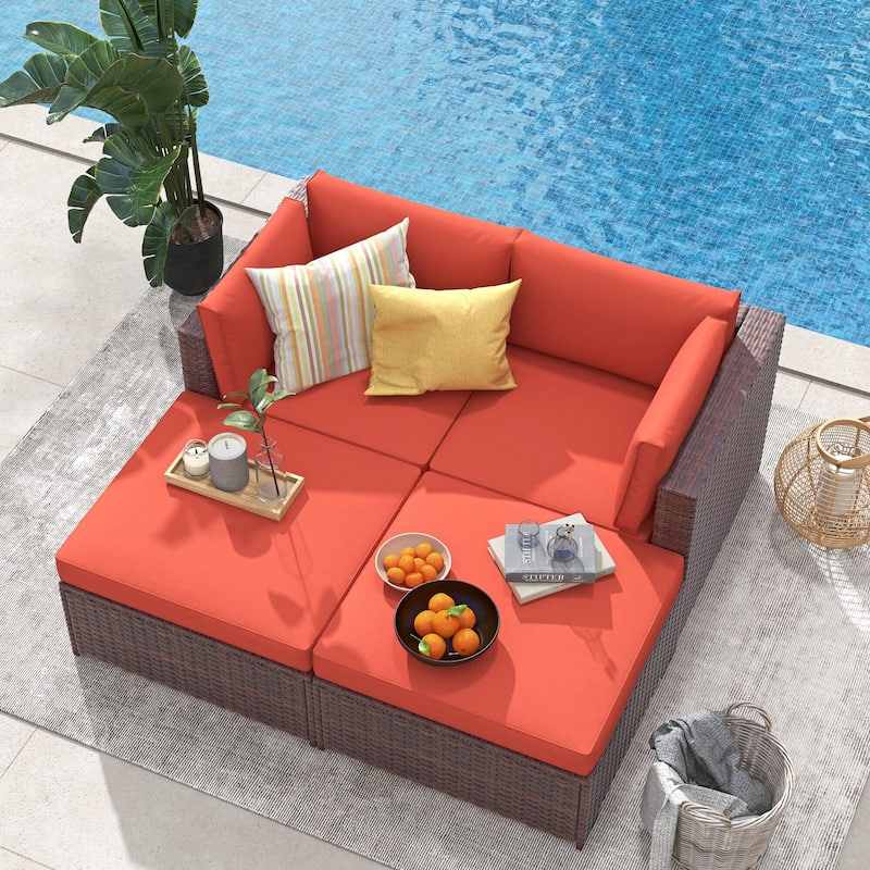 4-Piece Patio Sectional Sofa Wicker Furniture Set Outdoor daybed With Water resistant cushion