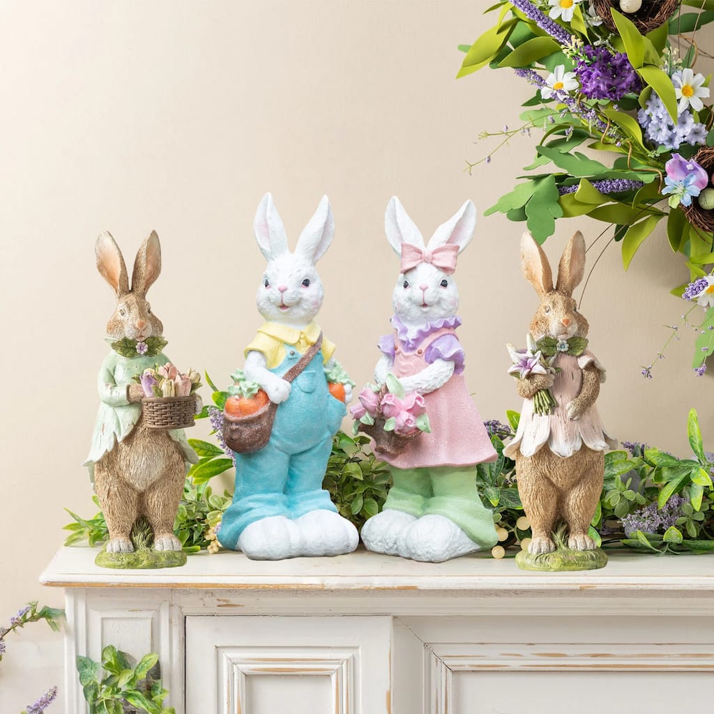 Glitzhome Easter Resin Bunny Boy Girl Table Decor with Flower Rabbit Figurine Ornaments