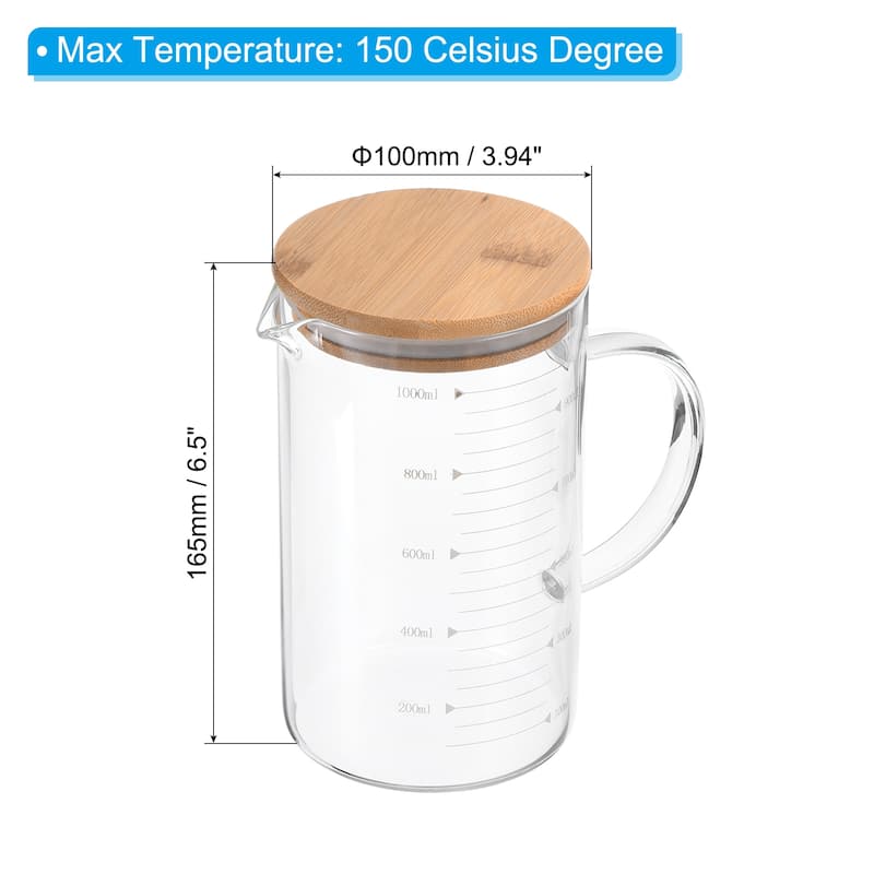 Glass Measuring Cup, 3.3 Borosilicate Glass with Wood Lid for kitchen - White - 1000ml