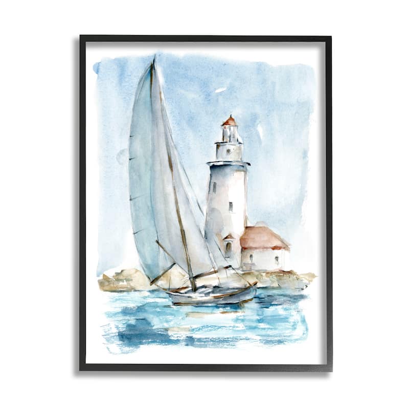 Stupell Lighthouse Tower Beacon Sea Sail Boat Nautical Outdoors Framed Wall Art, Design by Ethan Harper - Blue
