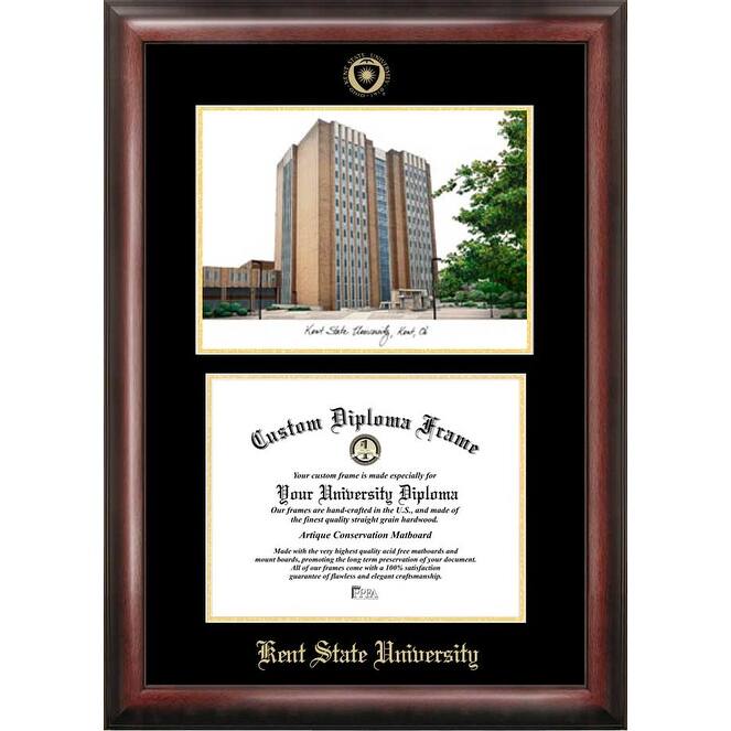 Kent State University 9w x 7h Gold Embossed Diploma Frame with Campus Images Lithograph