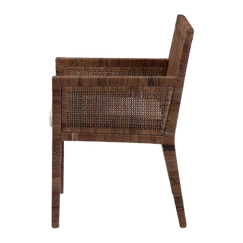 Karis Rattan Dining Chair - Handwoven Wicker Armchair with Mahogany Wood, Coastal Boho Style Indoor Seating