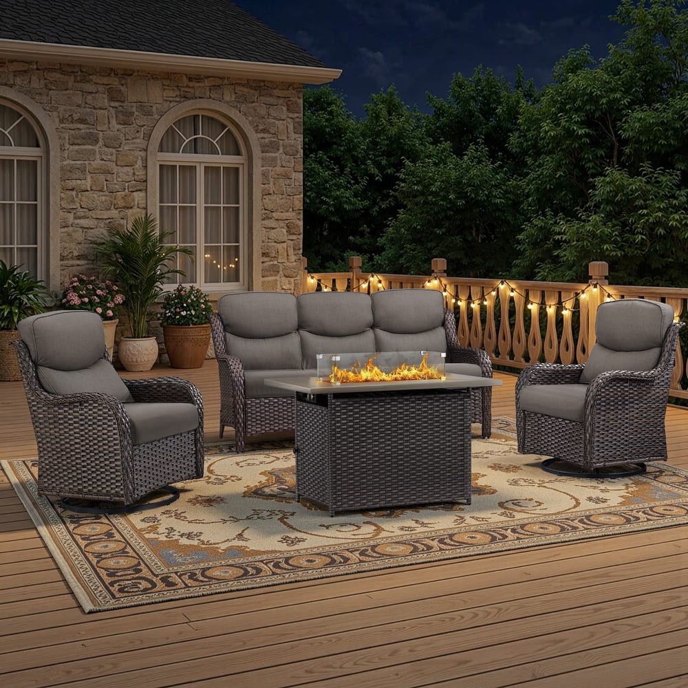 Meyreso 4-Piece Outdoor Patio Wicker Fire Pit Conversation Set with 5-Inch Thick Olefin Cushions
