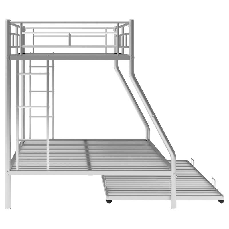 Twin over Full Bunk Bed with Trundle, Two-Side Ladders, Silver Finish