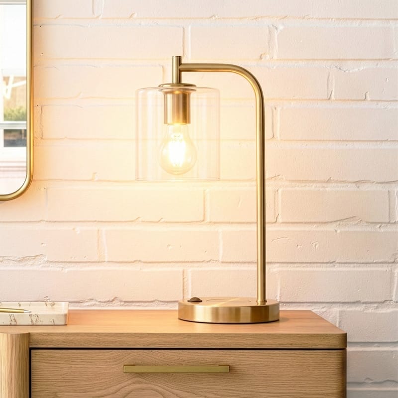Brightech Elizabeth 16 in. Mid-Century Modern LED Desk Table Lamp with Built-In Charging Port and Wireless Charging Pad