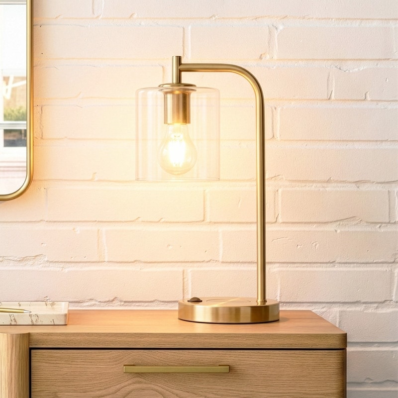 Brightech Elizabeth 16 in. Mid-Century Modern LED Desk Table Lamp with Built-In Charging Port and Wireless Charging Pad