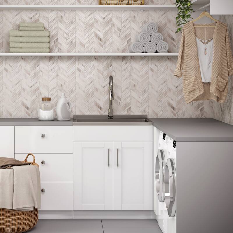 WYNDENHALL Marina Transitional Laundry Cabinet with Faucet and Stainless Steel Sink - 28" W 34" H x 19.7" D - White