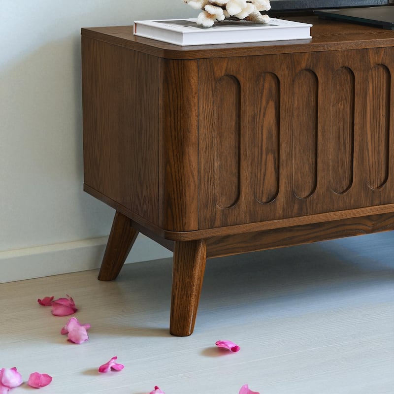 Mid-Century Modern Fluted TV Stand for 65 Inch TV, Farmhouse Wood Media Console with Drawer & Solid Wood Legs