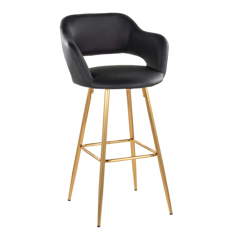 Porch & Den Vallen 30" Fixed-Height Faux Leather Counter Stool with Metal Legs & Square Footrest (Set of 2) - Black Faux Leather/Gold Metal