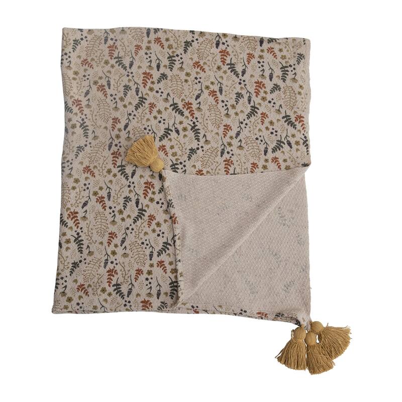 Woven Recycled Cotton Blend Printed Throw Blanket with Neutral Floral Pattern and Tassels