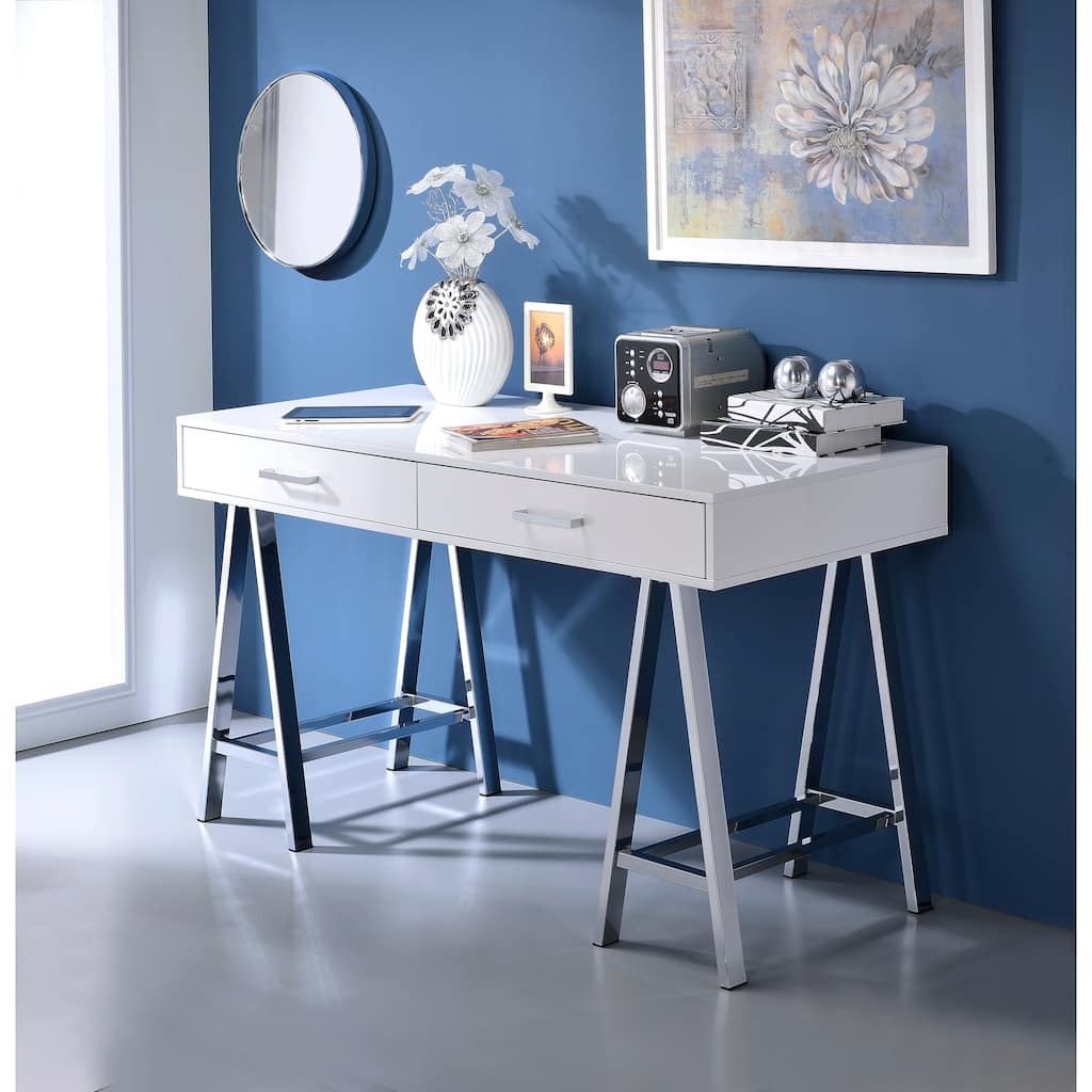 Coleen White High Gloss & Chrome Finish Writing Desk W/USB