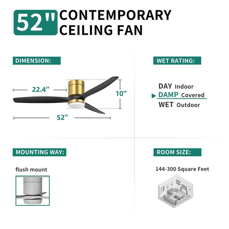 Moasis 52" LED Ceiling Fan Light with 3 Solid Wood Blades