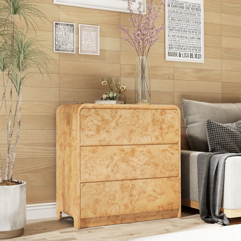 COZAYH Farmhouse Wood Nightstand, Rounded Edge Modern & Mid-Century Dresser, Burl Wood Finish in Natural