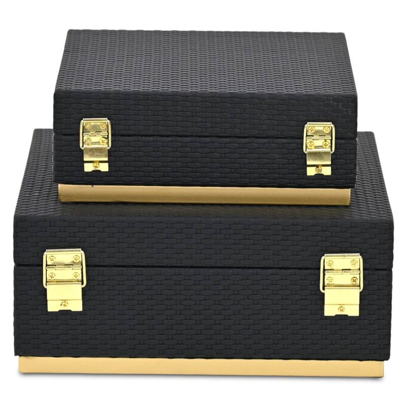 Tamsin Set of 2 Square Decorative Storage Boxes - Wicker Weave Pattern with Gold Hardware