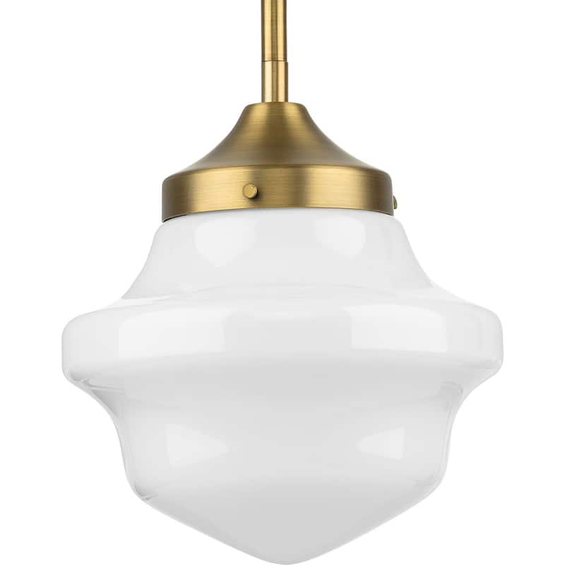 School House Pendant Collection One-Light Vintage Brass White Opal Glass Coastal Mini-Pendant Light - 8 in x 8 in x 9 in