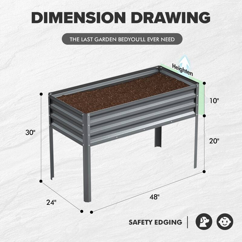 Meyreso 48" x 30" x 20" Galvanized Raised Garden Bed with Legs, Metal Elevated Planter Box, Rust-Resistant, Safety Edging
