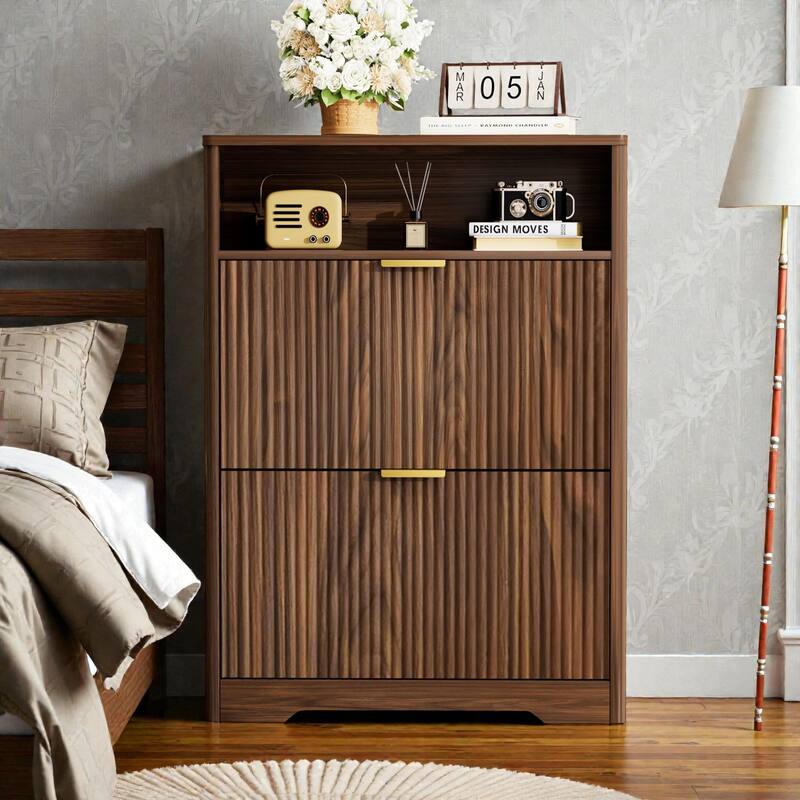 Modern Shoe Cabinet with 2 Flip Drawers, Tall Hidden Shoe Storage Organizer for Entryway, Hallway & Foyer - Walnut