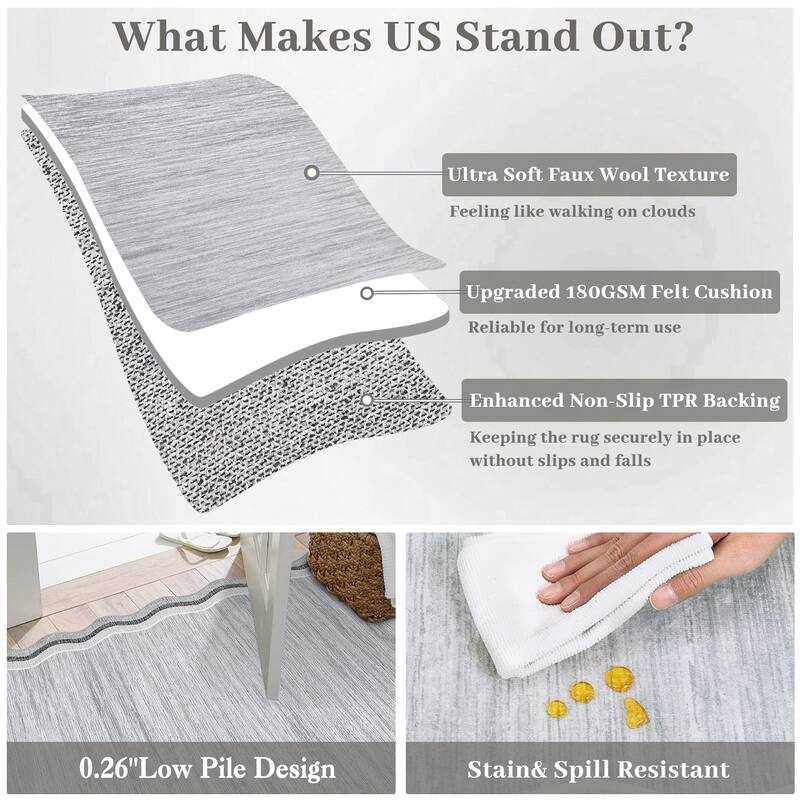 Washable Rugs for Living Room Scalloped Rug Modern Non Slip Non Shedding Carpet for Bedroom