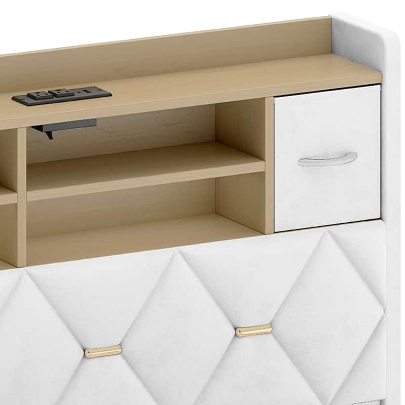 Farmhouse Bed Frame Upholstered Headboard Platform Bed with Charging Station