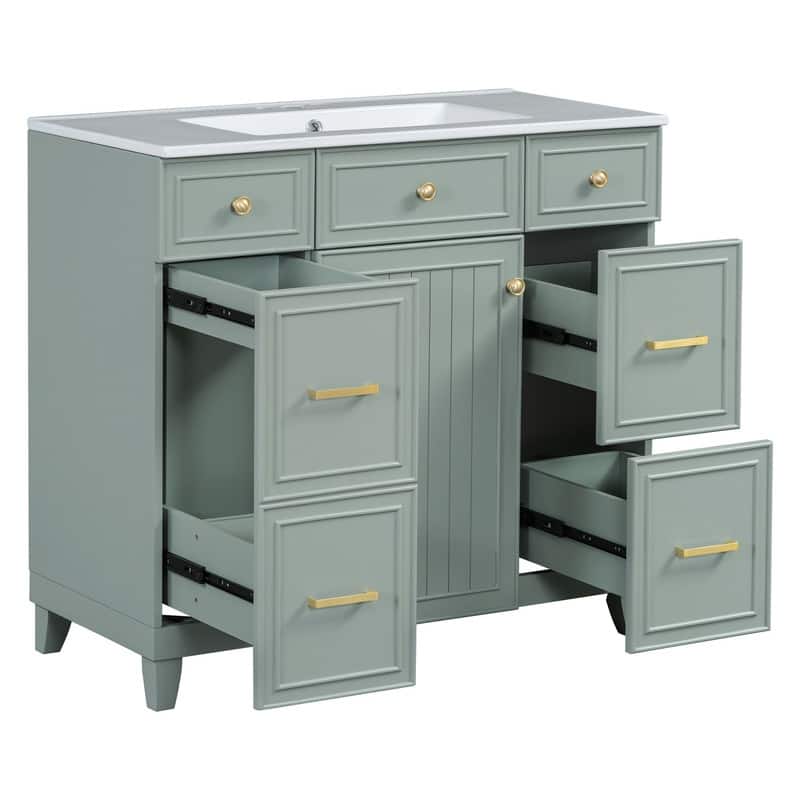36" Wood Vanity with Ceramic Sink, Soft-Close Doors, Shelves, and Deep Drawers for Storage.