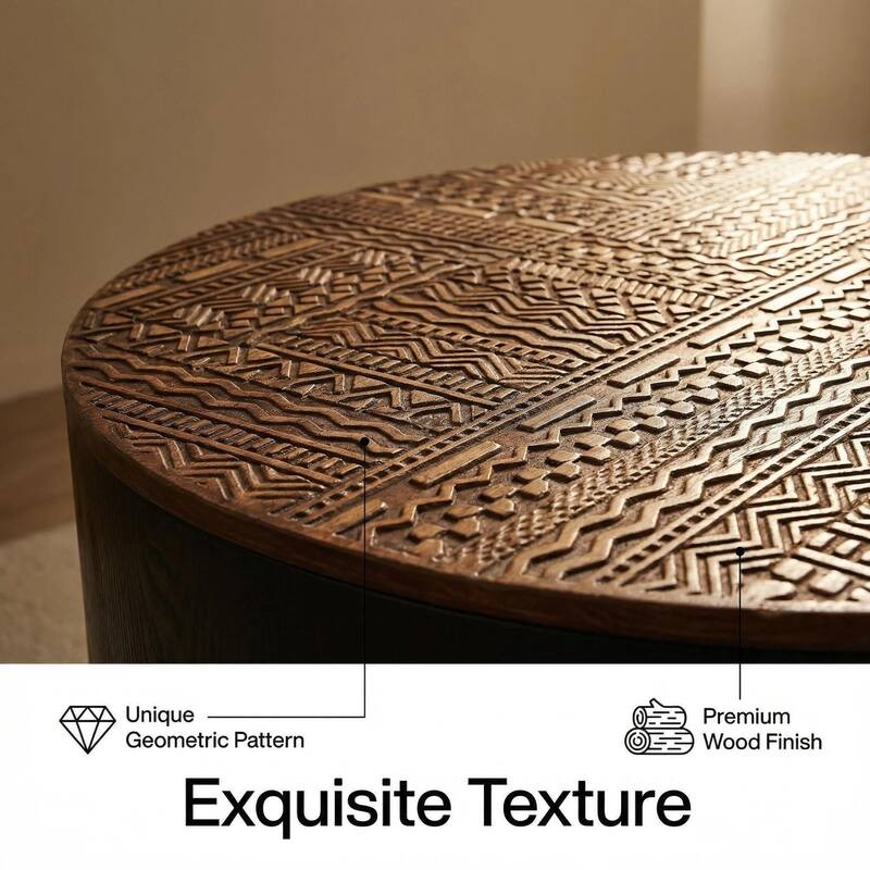 GDFStudio Veyrion Carved Round Coffee Table with Storage and Mid-Century Modern Design