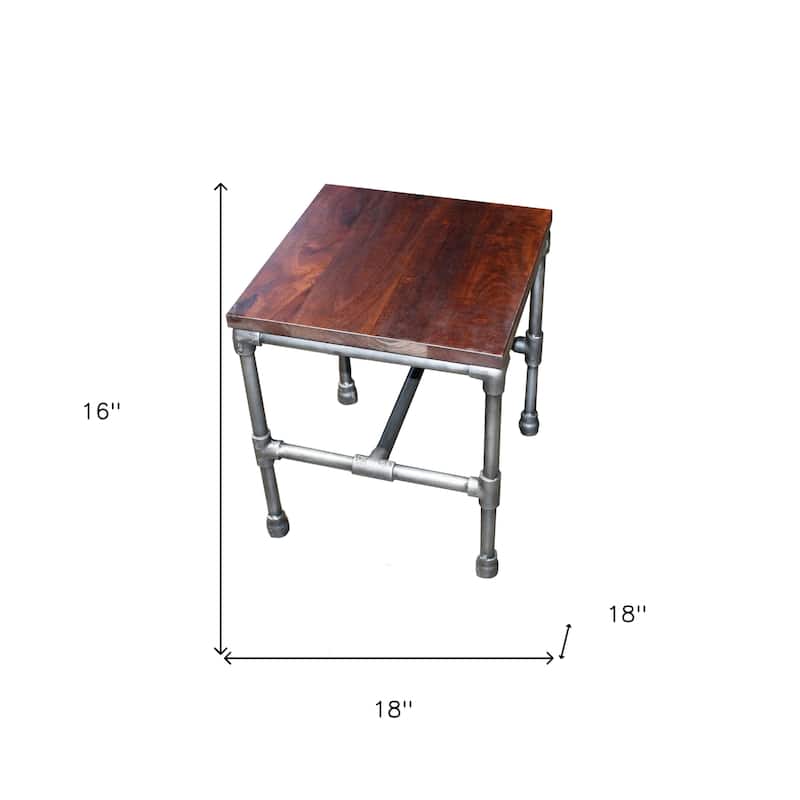 HomeRoots 16" Brown and Silver Distressed Solid Wood and Iron Square End Table - 18 in. x 16 in. x 18 in.