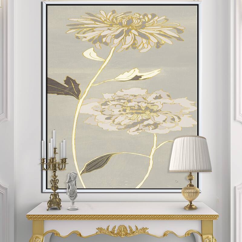 Designart "Golden Floral Garden II" Modern Glam Framed Canvas - Grey - 16 in. wide x 32 in. high - White