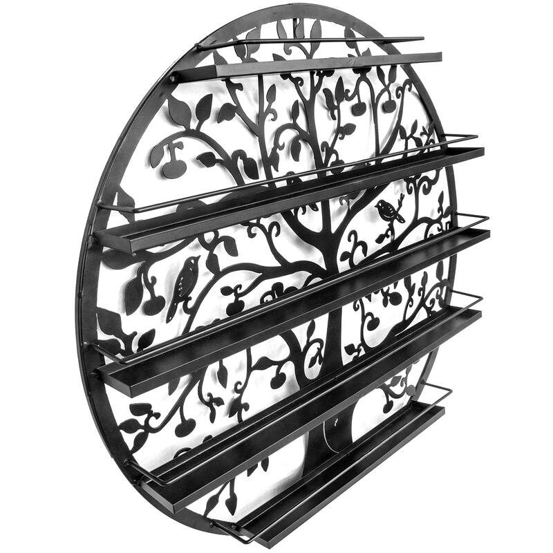 Sorbus Wall Mounted 5 Tier Nail Polish Rack Holder, Tree Silhouette Black Round Metal Salon Wall Art Display