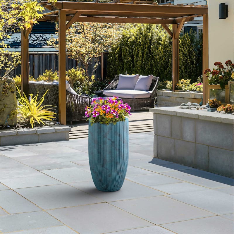 Textured Granite Gray Tall Concrete Round Plant Pots / Large Indoor and Outdoor flower Planters (13.5 Inch x 24.5 Inch)