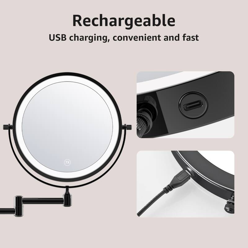 Yulika Rechargeable Lighted Wall Mounted Makeup Mirror with 3 Color Lights Double Sided 1X/10X or 1X/7X