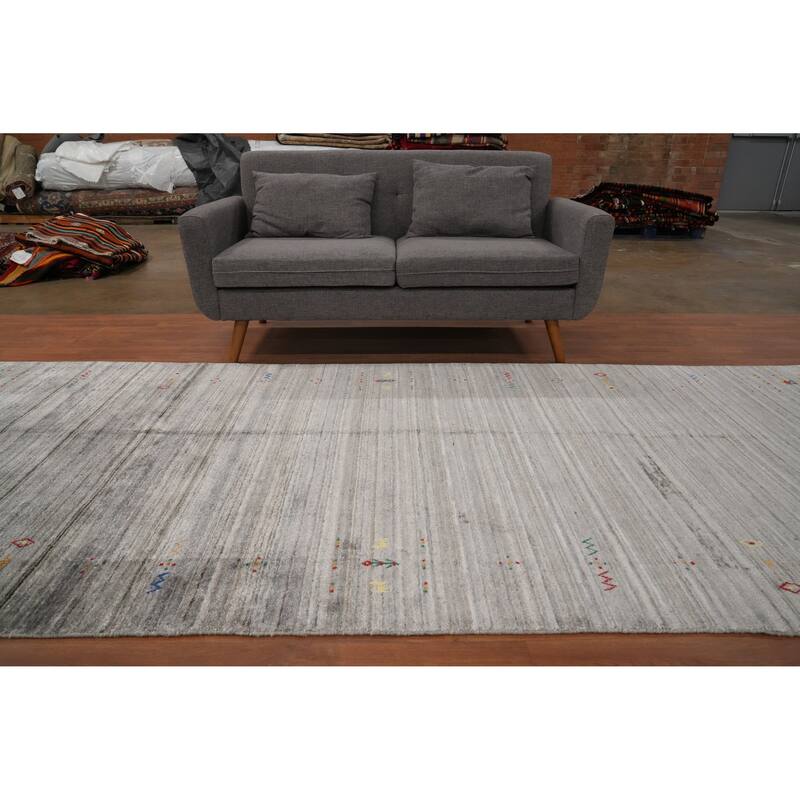 Hand Knotted Oriental Viscose Silk Carpet Tribal Animal Pictorial Greys & Charcoal Gabbeh Area Rug - 11' 8'' X 4' 10''