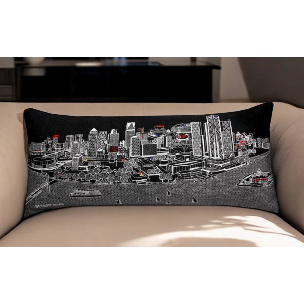 HomeRoots 35" Black Detroit Nighttime Skyline Lumbar Decorative Pillow