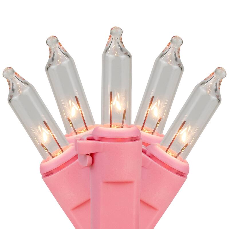50-Count Clear Mini Christmas Light Set - 10' Pink Wire