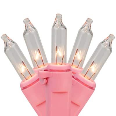 50-Count Clear Mini Christmas Light Set - 10' Pink Wire