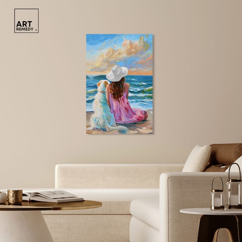 Art Remedy Girl And Her Best Friend Gallery Wrapped Colorful Coastal 1 Piece Canvas Wall Art