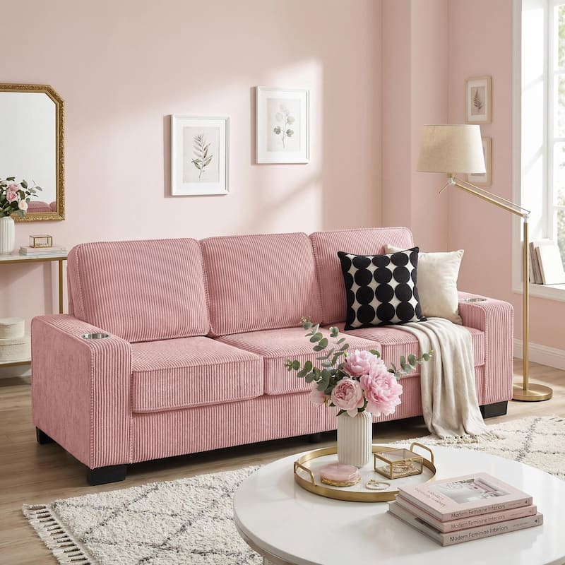 83.8'' Corduroy 3-Seat Sofa with Cup Holders, Modern Upholstered Couch, Compressed Living Room Sofa for Apartment Home Office - Co-Pink