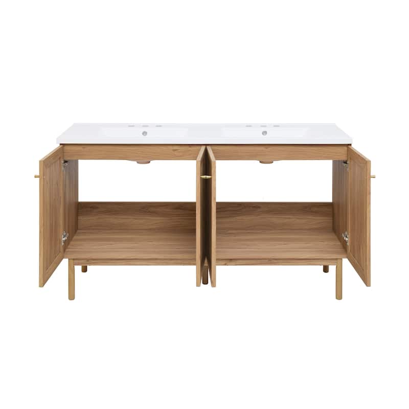 Classe 60 In. Brown Oak, Double Basin Bathroom Vanity With White, 3-Hole ArtificialStone Sink Top
