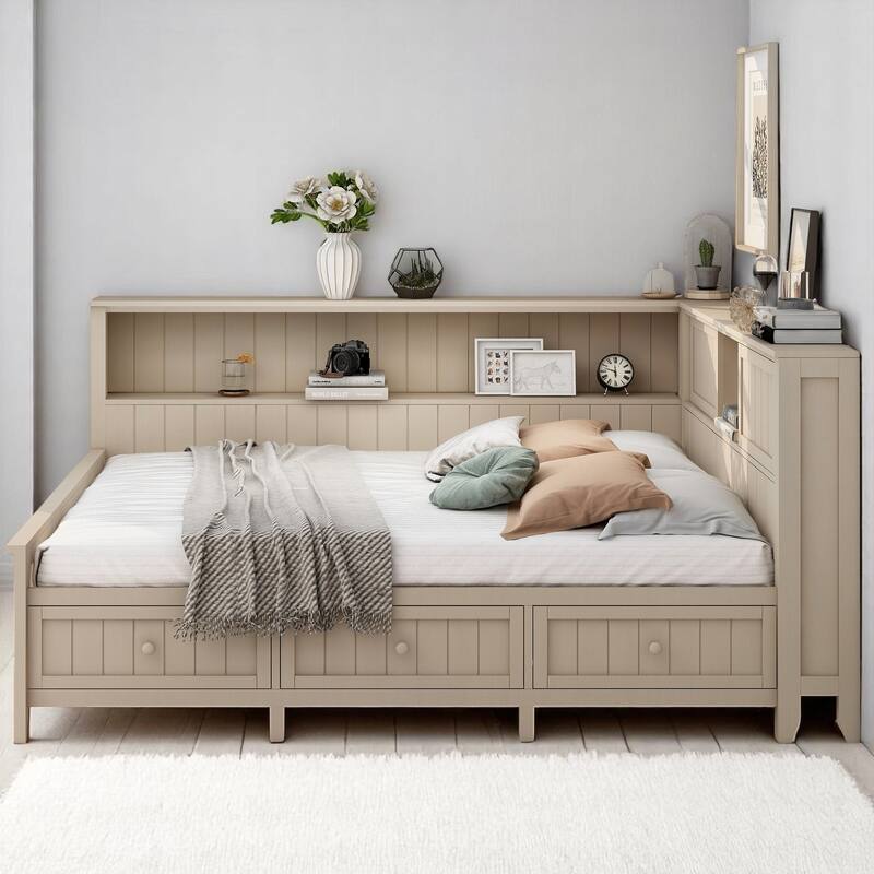 Full/Twin Daybed with Storage Shelves and 3 Drawers, Antique White Milk Farmhouse Platform Bed Frame, No Box Spring Needed