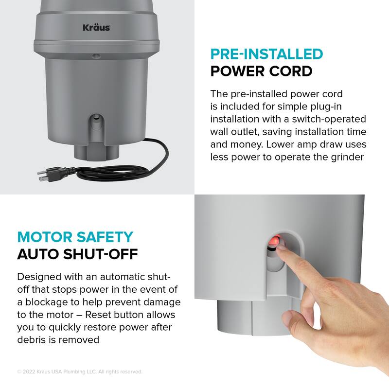 Kraus KWD210-75 3/4 HP Continuous Feed Garbage Disposal with Power