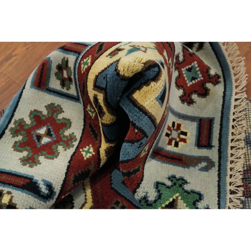 Hand-knotted Traditional Wool Blue Geometric Oriental Area Rug - 5' 11'' X 4' 0''