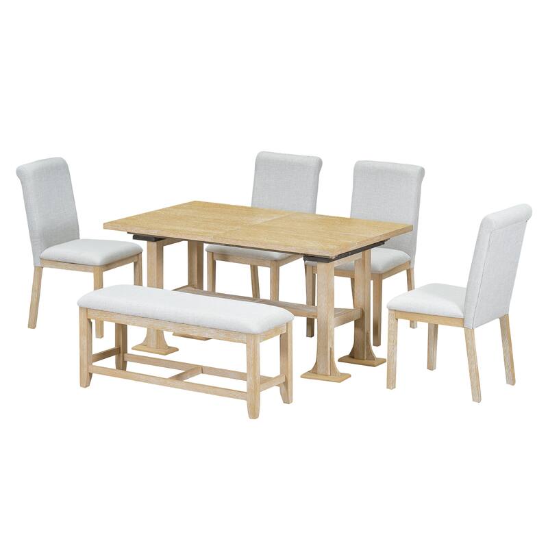 6-Piece Extendable Dining Table Set, Farmhouse Kitchen Table Set with Removable Leaf and Upholstered Dining Chair and Bench