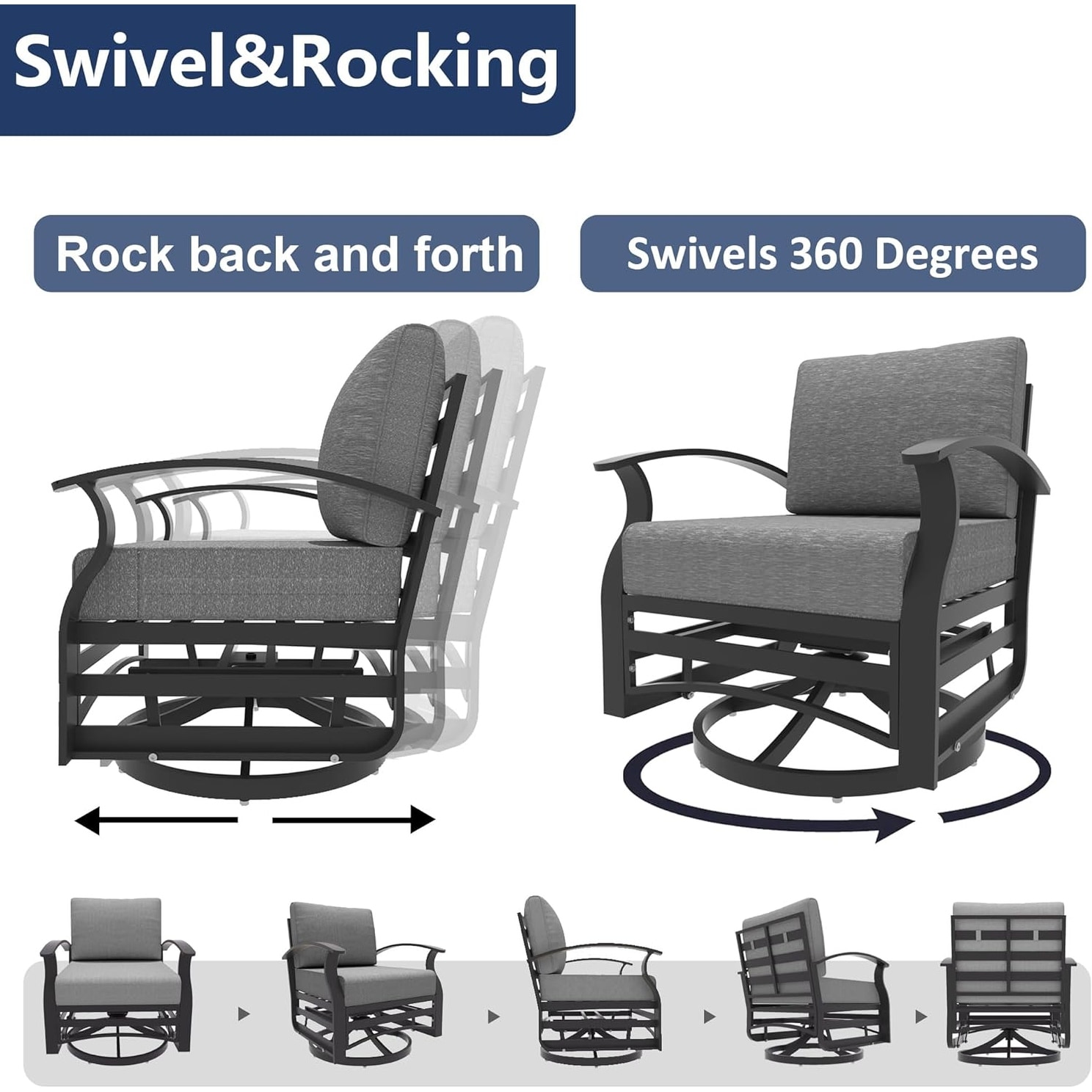 Kullavik 3Pcs Aluminum Rocking Chair Swivel Chairs Set with Glass Top Table 5 Thick Cushion khaki