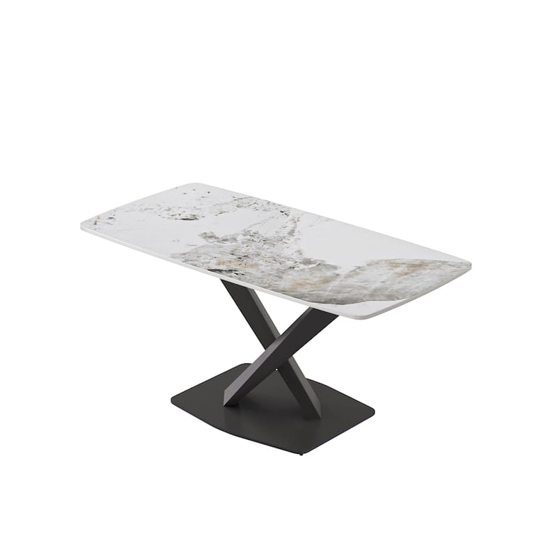 63" Dining Table Set for 6, Sintered Stone Dining Table with X-Shape Carbon Steel Pedestal for Kitchen Living Room