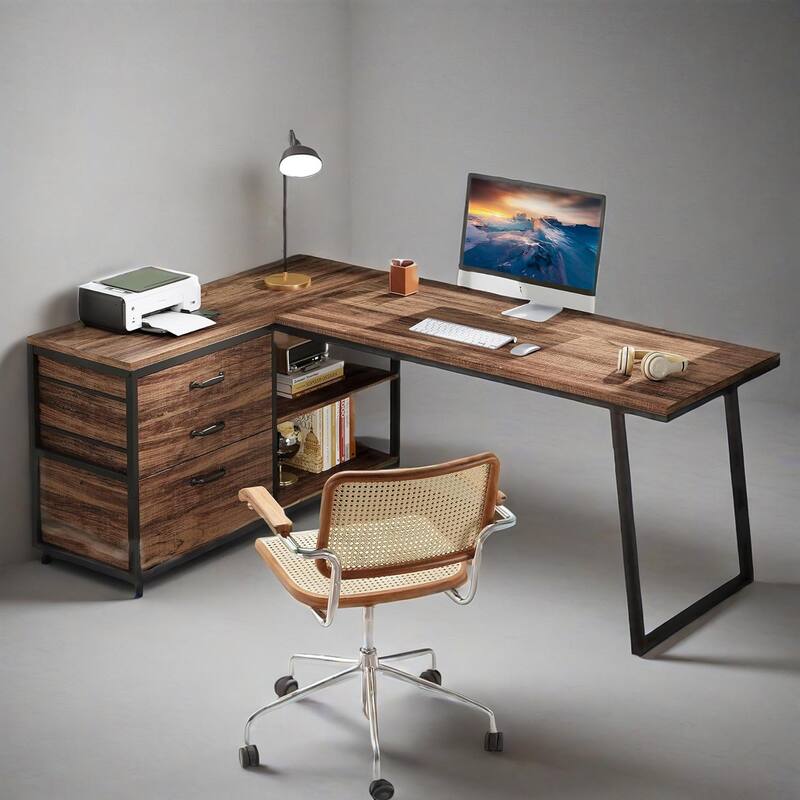 Reversible Corner L-Shaped Office Desk with 3 Drawers and 2-Tier Storage Shelves for Home Use