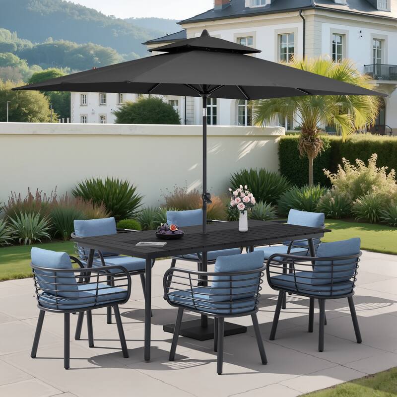9/11-PieceOutdoor Patio Dining Set with Sunbrella Cushions Aluminum Dining Table and Chairs w/10 ft Umbrella and Base