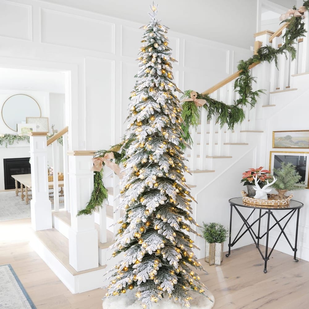 Glitzhome Pre-Lit Flocked Pencil Spruce Artificial Christmas Tree with Warm White Lights